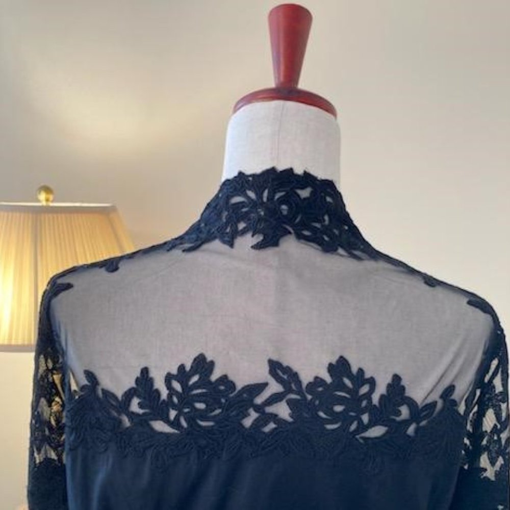 White House Black Market Sheer Lace-Accent Black Blouse - Picture 8 of 10
